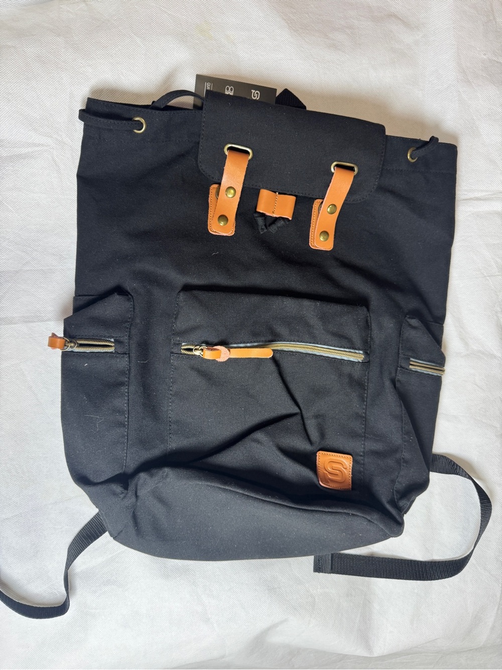 Black Canvas Backpack with Tan Accents